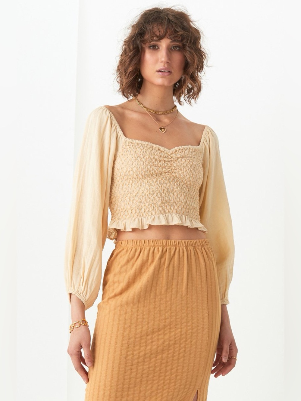 Spell & The Gypsy Jessie Jane Honey Shirred Crop Blouse Top XS